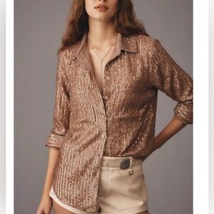 Anthropologie Sequin Embellished Brown/Gold Women's Button Up Top Blouse